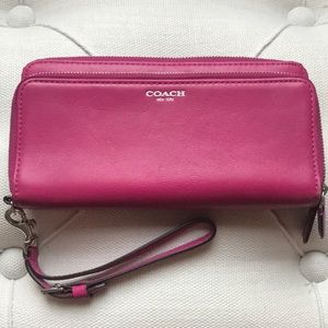 Coach Pink Leather Accordion Zip Wallet Wrist Strap